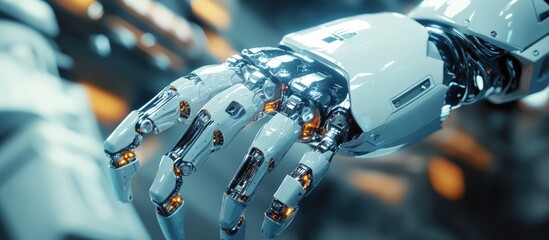 Poster - Close up view of a robotic arm mechanism with futuristic design elements in a 3D rendered depiction