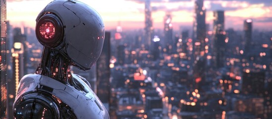Aufkleber - Futuristic smart city featuring a 3D rendered robot amidst urban development