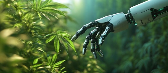 Poster - A 3D rendering of a robotic arm directing attention to cannabis leaves representing innovations in the cannabis sector