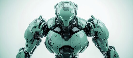 Poster - Futuristic mech soldier in green and gray metal against a white background Pilot controlled robot featuring scratched armor design 3D rendering of a mech battle scene