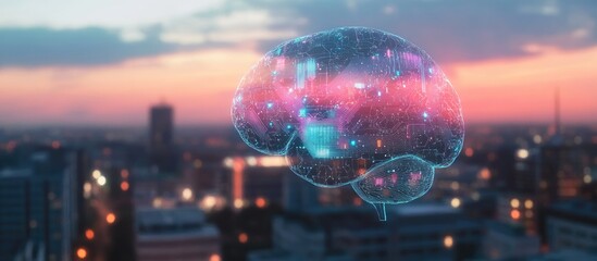 Aufkleber - Double exposure of a human brain microcircuit hologram over a blurred cityscape representing concepts of future technology and artificial intelligence