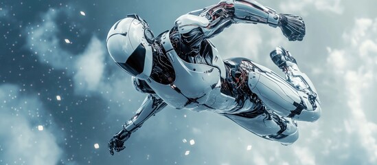 Poster - cyborg descending like a comic book hero in a dynamic 3d illustration