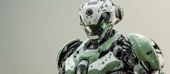 Futuristic mech soldier on a neutral background Military robot with green and gray metal finish featuring scratched armor Pilot controlled mech ready for battle 3D rendering