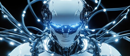 Poster - Futuristic Cyborg A Seamless Fusion of Human and Machine Featuring a Robot with Human like Skin Blue LED Illumination Numerous Cables a Halo and a Visor Viewed from the Front