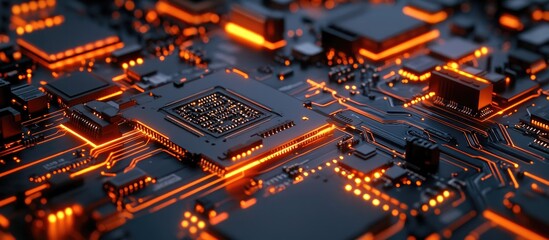 Poster - Abstract close up of an electronic mainboard featuring components such as a CPU circuit pathways and system board details