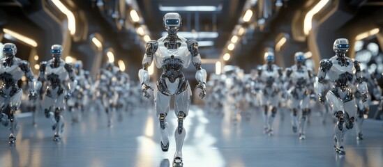 Poster - 3D rendering of a robotic army featuring a collection of cyborg machines in an industrial setting Concept of advanced AI technology and futuristic robotics 3D illustration