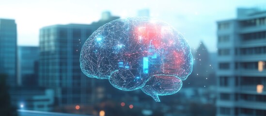 Poster - Double exposure of a creative human brain microcircuit hologram against a blurred background of office buildings Concept of future technology and artificial intelligence