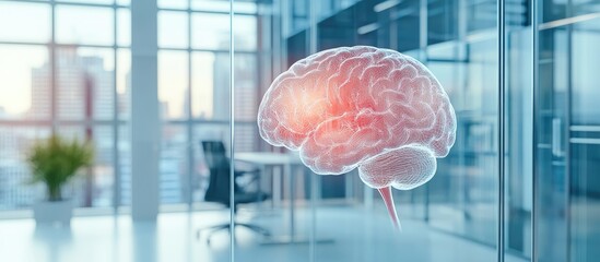 Poster - Double exposure of a human brain illustration with an office interior backdrop Represents the concept of innovation