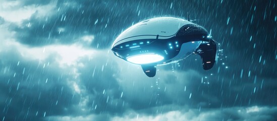 Poster - A 3D illustration of a floating robot observing the sky while monitoring rain conditions