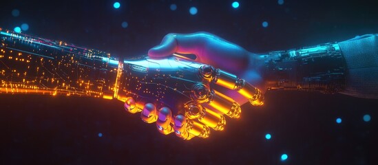 Poster - Business handshake between human and robot hands representing the concept of artificial intelligence in a luminous abstract design