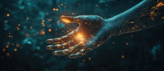 Poster - 3D rendering of a glowing digital hand reaching for a human hand against a dark background representing concepts of digital twins artificial intelligence and the metaverse