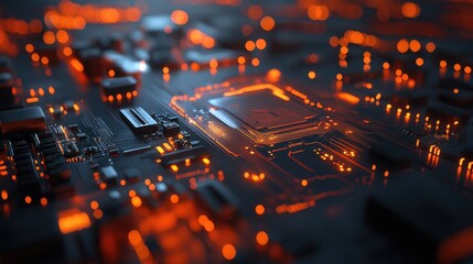 Poster - Close up of a circuit board with a blurred background of glowing lighting equipment