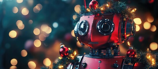 Festive robot adorned with Christmas decorations