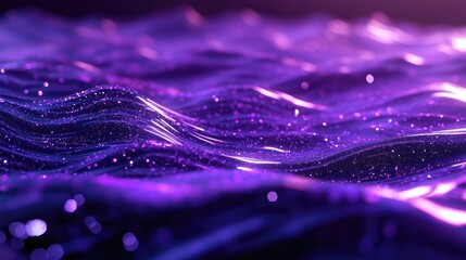 Poster - Abstract Blurry Purple Shine Wavy Water Surface with Turbulence Featuring Dotted Lines and Glittering Sparkle Particles 3D Illustration