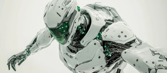 Poster - Futuristic mech soldier in a white setting Military robot featuring green and gray metallic armor Piloted machine with scratched metal surface 3D rendering of mech warfare