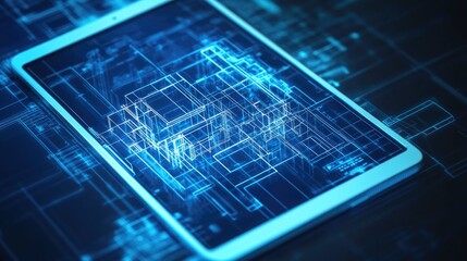 Poster - Tablet displaying a 3D architectural linear design on its screen