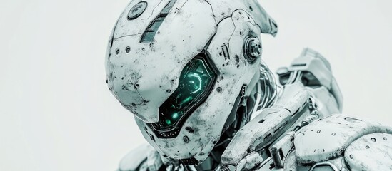 Poster - Futuristic mech soldier in a white setting Military robot featuring green and gray metallic armor controlled by a pilot Scratched surface adds a battle worn look 3D rendering