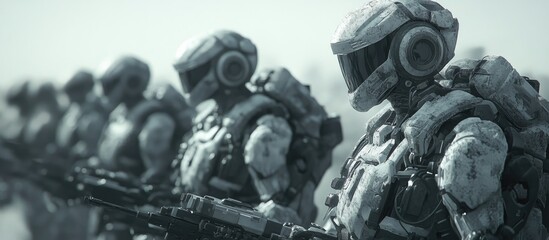 Poster - 3D illustration showcasing robots in the context of military applications and gaming