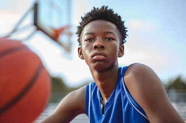 Wall Mural - Young basketball player taking a break on the court