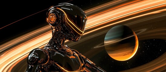 Poster - Shimmering metallic robot displays a planet surrounded by rings showcasing its alien features