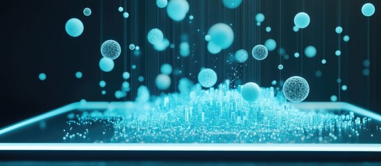 Poster - 3D rendering of a luminous digital tablet with a wireframe city in vibrant blue and white hues featuring spheres of particles ascending Concept of digital technology and communication