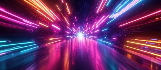 Poster - Abstract tunnel featuring a vibrant spectrum background Bright neon light rays and colorful glowing lines rush through the darkness 3D rendering