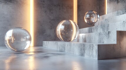 Poster - Abstract illustration of concrete and glass spheres in an interior setting 3D rendering concept