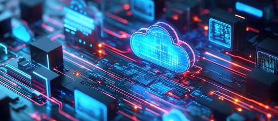 Poster - 3D illustration of computer technology showcasing big data center computation Visual representation of cloud computing with online devices exchanging information Modern 3D rendering