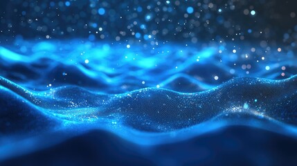 Poster - Abstract blue digital landscape with flowing wave like dots and luminous defocused particles creating a high tech visual atmosphere