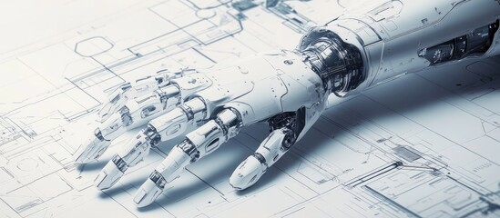 Poster - Robotic hand on technical blueprint set against a white backdrop 3D rendering
