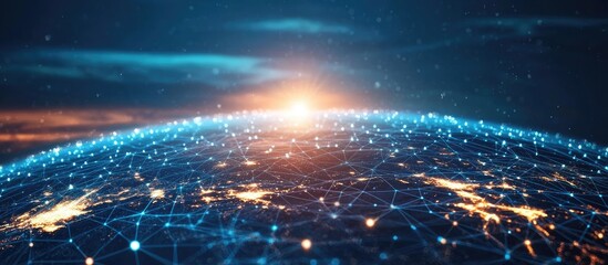 Aufkleber - Panoramic abstract background featuring connected dots and triangles representing a smaller interconnected world with a minimalistic digital Earth theme