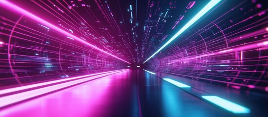Aufkleber - Abstract futuristic technology background featuring network lines big data data centers and internet speed highlighted by neon lights in a digital technology tunnel 3D rendering