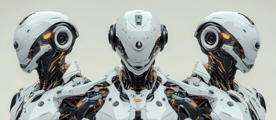 Poster - collage of futuristic robot figures featuring three distinct front views of an upper body highly det
