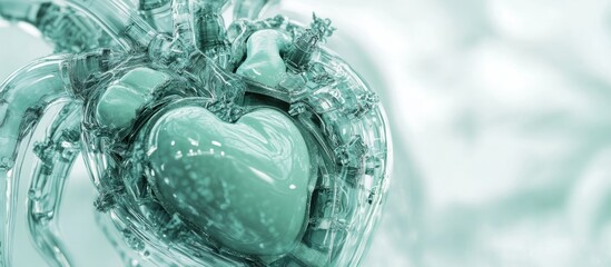 Poster - Green artificial heart in cyborg design with soft mint tones presented in a 3D digital illustration