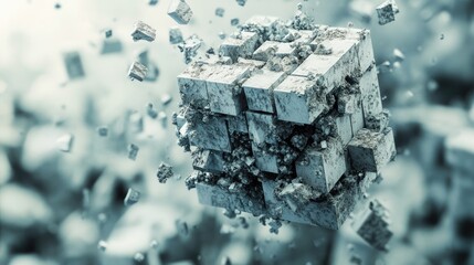 Poster - 3D rendering of a cube s volumetric form featuring geometry composed of fragmented shapes and various random configurations