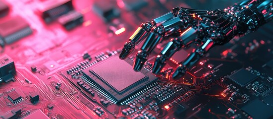 Poster - 3d rendering of a cyborg hand grasping a cpu chip displayed in isolation
