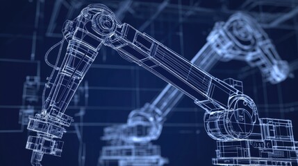Poster - Industrial robot manipulators illustrated in blueprint style 3D rendering of robotic technology concepts