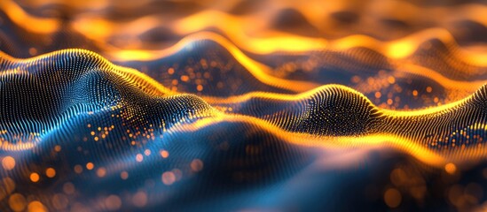 Poster - Illuminated digital waves showcasing a gradient of yellow and blue featuring soft lighting and bokeh effects Represents themes of technology science and data flow