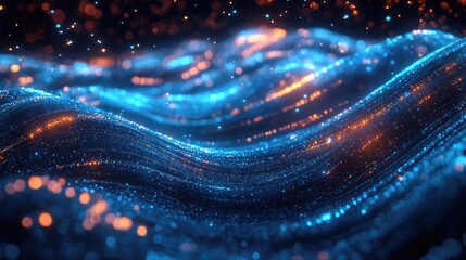 Poster - Illuminated 3D wave of glowing particles Digital splash concept for HUD design elements in technology
