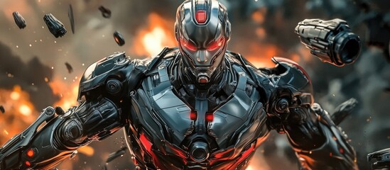 Poster - cyborg protagonist geared up for action in a dynamic comic style scene featuring a detailed 3d illus