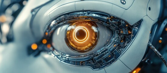 Poster - futuristic design featuring a conceptual electronic cyber eye with intricate details of a mechanical