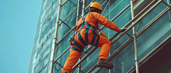 A man in an orange jumpsuit is working on a building. He is wearing a yellow helmet and harness