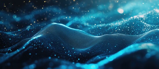 Fototapete - Futuristic abstract background featuring wavy patterns particles and dots Digital wave effect with blue lighting suitable for technology and corporate themes