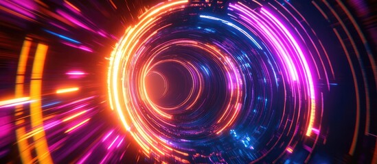 Fototapete - Abstract neon circular lines in a space setting featuring a contemporary 3D rendered background and vibrant computer generated visuals