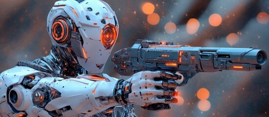 Poster - cyborg warrior equipped with firearms digital artwork