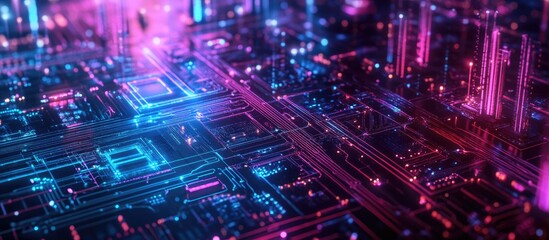 Aufkleber - Abstract digital micro circuit illustration combined with an urban skyline representing futuristic technology and artificial intelligence through double exposure
