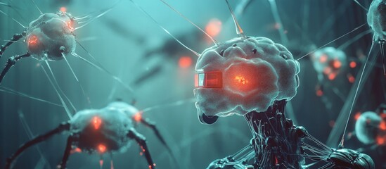 Fototapete - Neural cells and robotic elements exploring futuristic AI and deep learning technology interconnected social networks and human health through creative illustration in 3D rendering