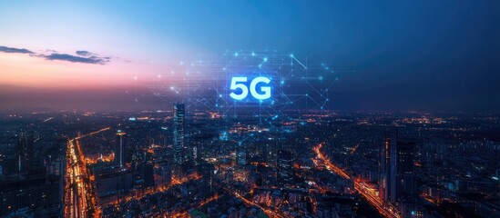 Aufkleber - 5G connectivity concept depicted against a panoramic city view highlighting networking and connection within a smart urban landscape