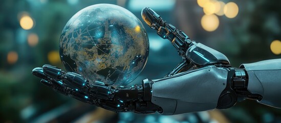 Poster - Robotic arm grasping a globe with mechanical fingers featuring virtual design elements against a futuristic backdrop 3D rendered illustration