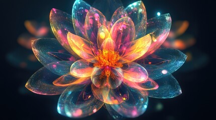 Fototapete - Vibrant abstract symmetrical flower with petals formed by a mix of colorful geometric shapes against a dark backdrop